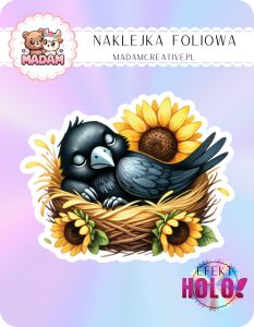 Naklejka foliowa pojedyncza Holograficzna MaDam Ptasiorek Pola – W gnieździe z kwiatami na głowie, bo tak się robi styl!