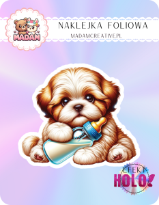 Naklejka foliowa pojedyncza Holograficzna MaDam Piesek Benio – Mały rozrabiaka z buteleczką w łapce!