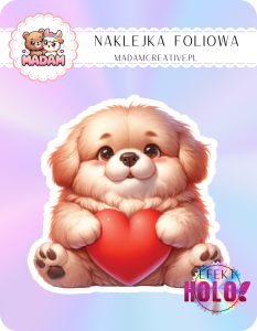 Naklejka foliowa pojedyncza Holograficzna MaDam Piesek Przytulak Pepe – Serce na łapie, przytulas na co dzień!