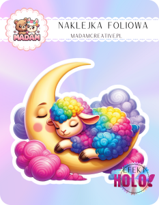 Naklejka foliowa pojedyncza Holograficzna MaDam Owieczka Basia – Księżycowe drzemki to jej ulubiona rozrywka!