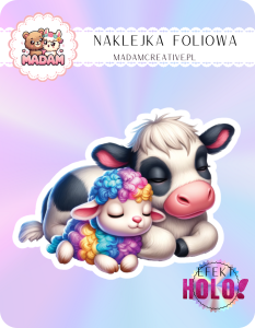 Naklejka foliowa pojedyncza Holograficzna MaDam Krówka Klara – Słodki sen z mamą u boku!