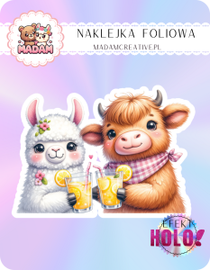 Naklejka foliowa pojedyncza Holograficzna MaDam Lama Lila z lemoniadą – Najlepsze pogaduchy tylko przy lodówce!