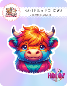 Naklejka foliowa pojedyncza Holograficzna MaDam Byczek Bolo z kwiatem – Słoneczny kwiat i uśmiech od ucha do ucha!