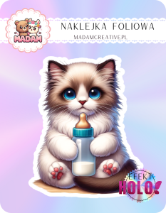 Naklejka foliowa pojedyncza Holograficzna MaDam Kotek Mietek z butelką – Mleko lepsze od kawy? Mietek mówi TAK!