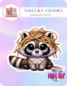 Naklejka foliowa pojedyncza Holograficzna MaDam Szop Radek z makaronem – Makaron we włosach to styl, nie przypadek!