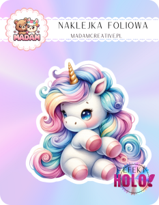 Naklejka foliowa pojedyncza Holograficzna MaDam Jednorożec Mela – Pastelowe sny, magiczne chwile!