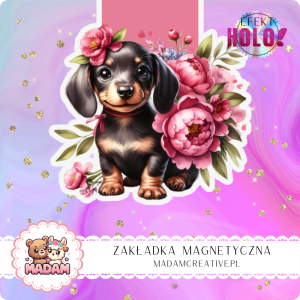 Zakładka Magnetyczna Holograficzna MaDam Jamniczek Jacek – Pełen uroku, z kwiatem i uśmiechem, gotowy towarzyszyć w każdej książce!