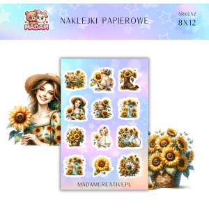 Naklejki Papierowe MaDam 8x12 - Słonecznikowa Dziewczyna - Dodaj kwiatową radość do każdej notatki!