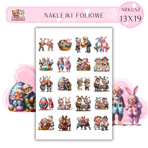 Naklejki Foliowe Babcia i Dziadek Wielkanocna Zwariowana Para – On chowa jajka, ona zapomina gdzie! Madam 13x19