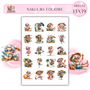 Naklejki Foliowe Babcia Letnia Starsza Pani – Słomkowy kapelusz, lemoniada w dłoni i plotki pod parasolem! Madam 13x19