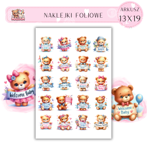 Naklejki Foliowe Miś "Witamy Maluszka" – Słodki pluszak na wielkie powitanie! Madam 13x19
