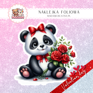 Naklejka Foliowa Pojedyncza Walentynkowa Panda z Różą – Urocza miłość na bambusowej diecie! Madam