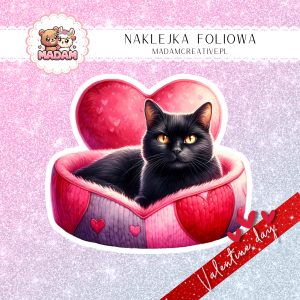 Naklejka Foliowa Pojedyncza Walentynkowy Czarny Kot Miłości – Miauczasta magia serca! Madam