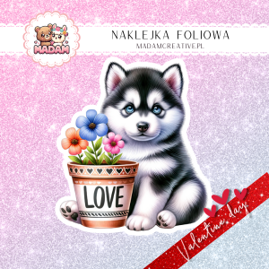 Naklejka Foliowa Pojedyncza Walentynkowy Piesek Syberyjski Husky – Lodowe spojrzenie pełne ciepła! Madam