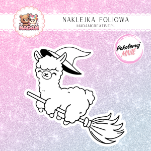 Naklejka Foliowa do Kolorowania Lama na Miotle – Latający Kumpel na Halloween! Madam
