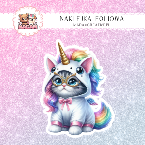 Naklejka Foliowa Kot w Kostiumie Jednorożca – Miauk i Magia! Madam