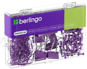 Zestaw fioletowy: 70 spinaczy, 40 pinezek tablicowych, 10 klipów, Berlingo
