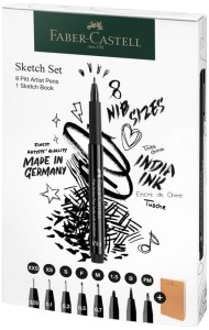 Pisaki artystyczne PITT czarne 8 szt. XXS, S, F, M, B, C, 1.5, FM + szkicownik, Faber-Castell