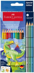 Kredki 10-kol. Grip 2001 Dinozaury + 3 kolory metaliczne + naklejki, Faber-Castell