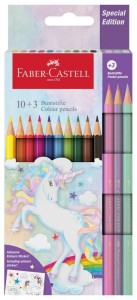 Kredki 10-kol. Jednorożec + 3 kolory pastelowe + naklejki, Faber-Castell