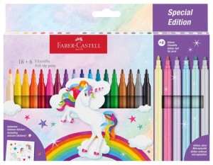 Flamastry 24-kol. Jednorożec 18 kolorów standardowych + 6 kolorów pastelowych + naklejki, Faber-Castell