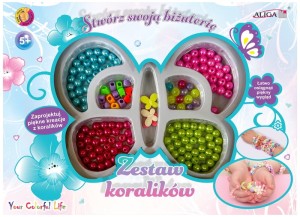 Zestaw koralików plastikowych w pudełku, mix kolorów i kształtów + żyłka 120cm., PJ-1961 op.ok. 150 szt, Aliga