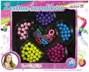 Zestaw koralików plastikowych w pudełku, mix kolorów i kształtów + żyłka 120cm., PJ-1992 op.ok. 80 szt, Aliga