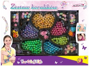 Zestaw koralików plastikowych w pudełku, mix kolorów i kształtów + 2 żyłki 120cm., PJ-2029 op.ok. 275 szt, Aliga