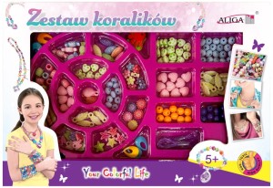 Zestaw koralików plastikowych w pudełku, mix kolorów i kształtów + 2 żyłki 120cm., PJ-1978 op.ok. 150 szt, Aliga