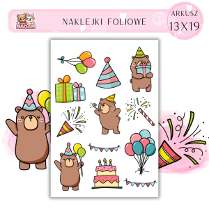 Naklejki Foliowe 13x19 Urodzinowy Miś - Balony i słodka impreza MaDam Creative