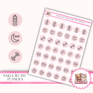 Naklejki Ikony Funkcyjne do Planera i Bullet Journal - Zdrowie i Self-care 13×18 - nawyki, wellness Róż Pudrowy- MaDam Creative