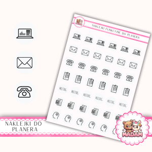 Naklejki Ikony Funkcyjne do Planera i Bullet Journal - Praca i Organizacja 13×18 - spotkania, projekty Biała Mgiełka - MaDam Creative