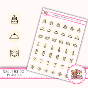 Naklejki Ikony Funkcyjne do Planera i Bullet Journal - Przyjęcie i Catering 13×18 - tort, menu, toast Krem Cytrynowy - MaDam Creative