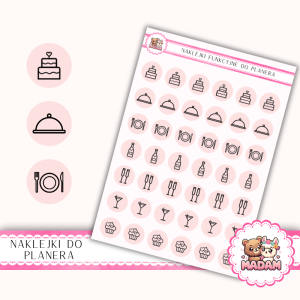 Naklejki Ikony Funkcyjne do Planera i Bullet Journal - Przyjęcie i Catering 13×18 - tort, menu, toast Róż Ślubny Pastelowy - MaDam Creative