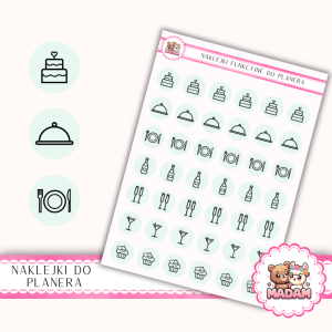 Naklejki Ikony Funkcyjne do Planera i Bullet Journal - Przyjęcie i Catering 13×18 - tort, menu, toast Miętowa Poświata - MaDam Creative