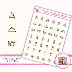 Naklejki Ikony Funkcyjne do Planera i Bullet Journal - Przyjęcie i Catering 13×18 - tort, menu, toast Jasny Krem Cytrynowy - MaDam Creative