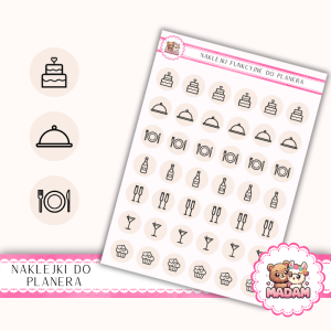 Naklejki Ikony Funkcyjne do Planera i Bullet Journal - Przyjęcie i Catering 13×18 - tort, menu, toast Beż Delikatny - MaDam Creative