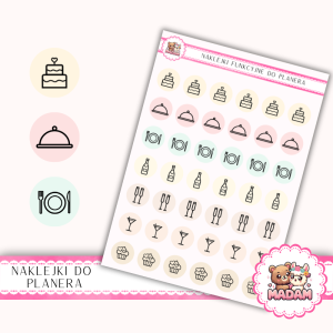 Naklejki Ikony Funkcyjne do Planera i Bullet Journal - Przyjęcie i Catering 13×18 - tort, menu, toast MIX - MaDam Creative