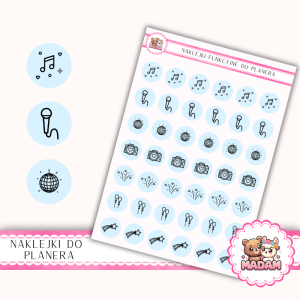 Naklejki Ikony Funkcyjne do Planera i Bullet Journal - Muzyka, Zabawa i Atrakcje 13×18 - DJ, dance Błękit Lodowy - MaDam Creative