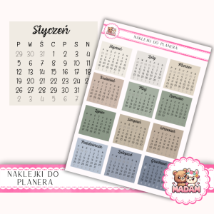 Naklejki kalendarzowe miesiące 2026 Natural Calm 13x18 do planera Bullet Journal MaDam Creative