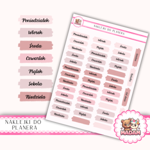 Naklejki planerowe dni tygodnia Romantic Rose 13x18 do planera Bullet Journal MaDam Creative