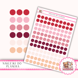 Naklejki kółka 10 mm MIX Walentynki 13×18 - czerwono-różowe kropki miłosne - MaDam Creative