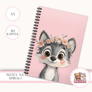 Notes A5 gładki 80 kartek Wilczek w Wianku Różowe Kwiaty MaDam Creative