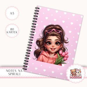 Notes A5 w kropki 80 kartek Dziewczyna z Tulipanami Różowe Serduszka MaDam Creative