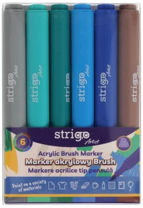 Marker akrylowy z końcówką brush w trókątnej obudowie 6-kol.,Zestaw 9, Strigo