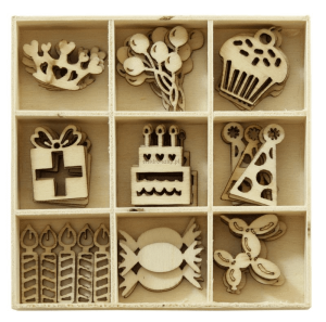 Dekoracje drewniane Urodziny op. 45 szt. w pudełku, Galeria Papierueru