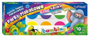 Farby plakatowe BAMBINO, 10 kolorów ( 4x Fluo, 4x Brokat, srebrna, złota )