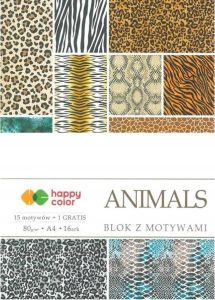 Blok papierów z motywami Animals A4 15+1 ark. 80g, 15 motywów, Happy Color