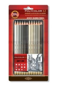 Kredki ołówkowe Koh i Noor Polycolor 12 kolorów odcienie szarości w metalowej kasecie