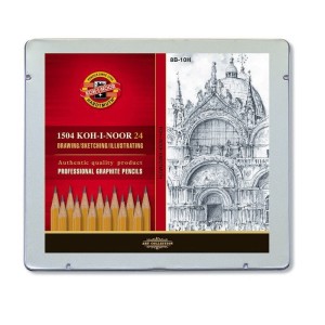 Zestaw ołówków grafitowych Koh i Noor 24 sztuki 8B-10H w metalowej kasecie 1500